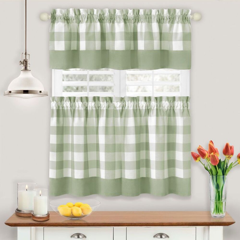57 x 36 in. Hunter Rod Pocket Window Curtain Tier & Valance Set Apple Green
